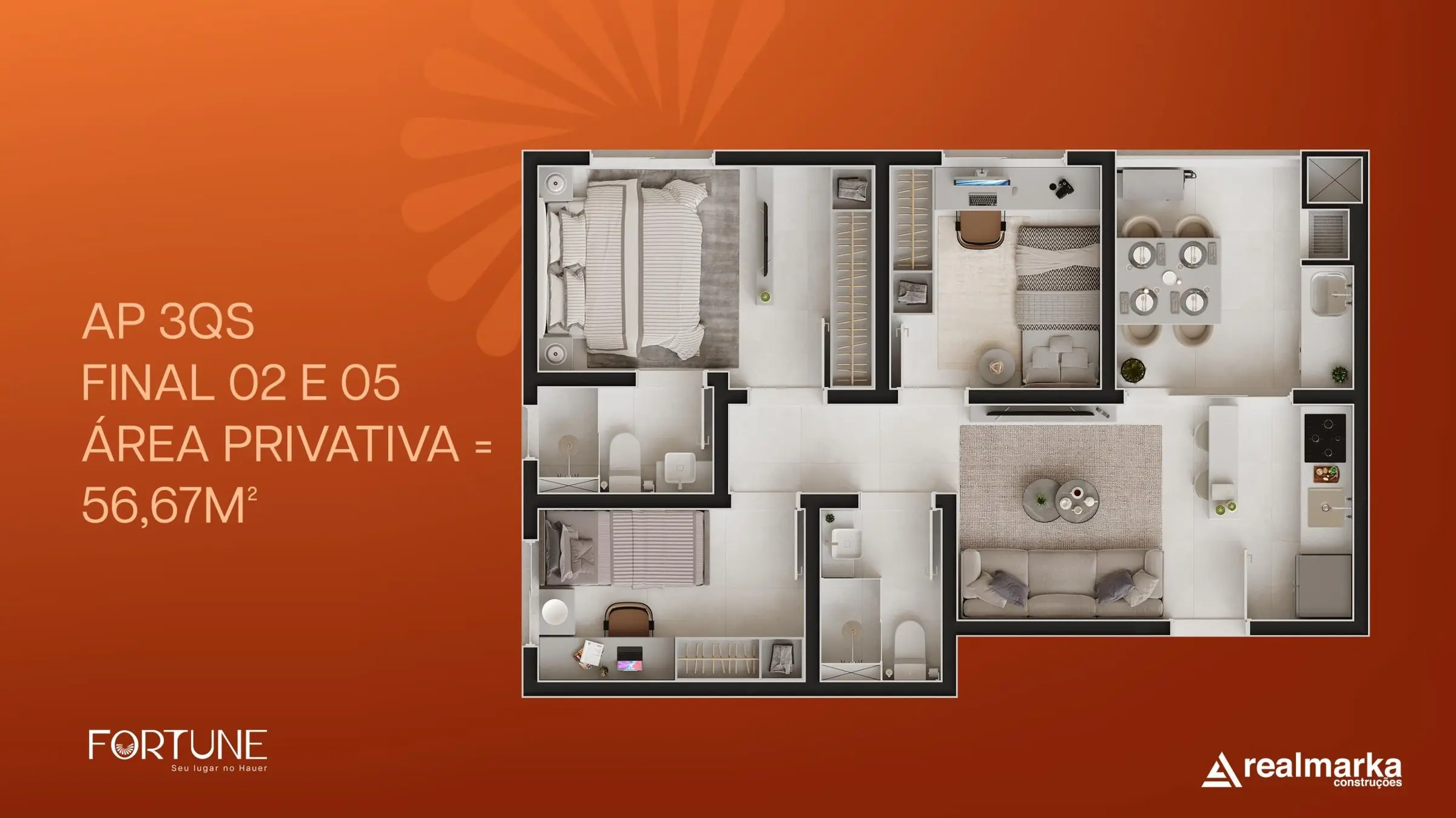 Planta: 3 quartos com suíte · 56,67 m²