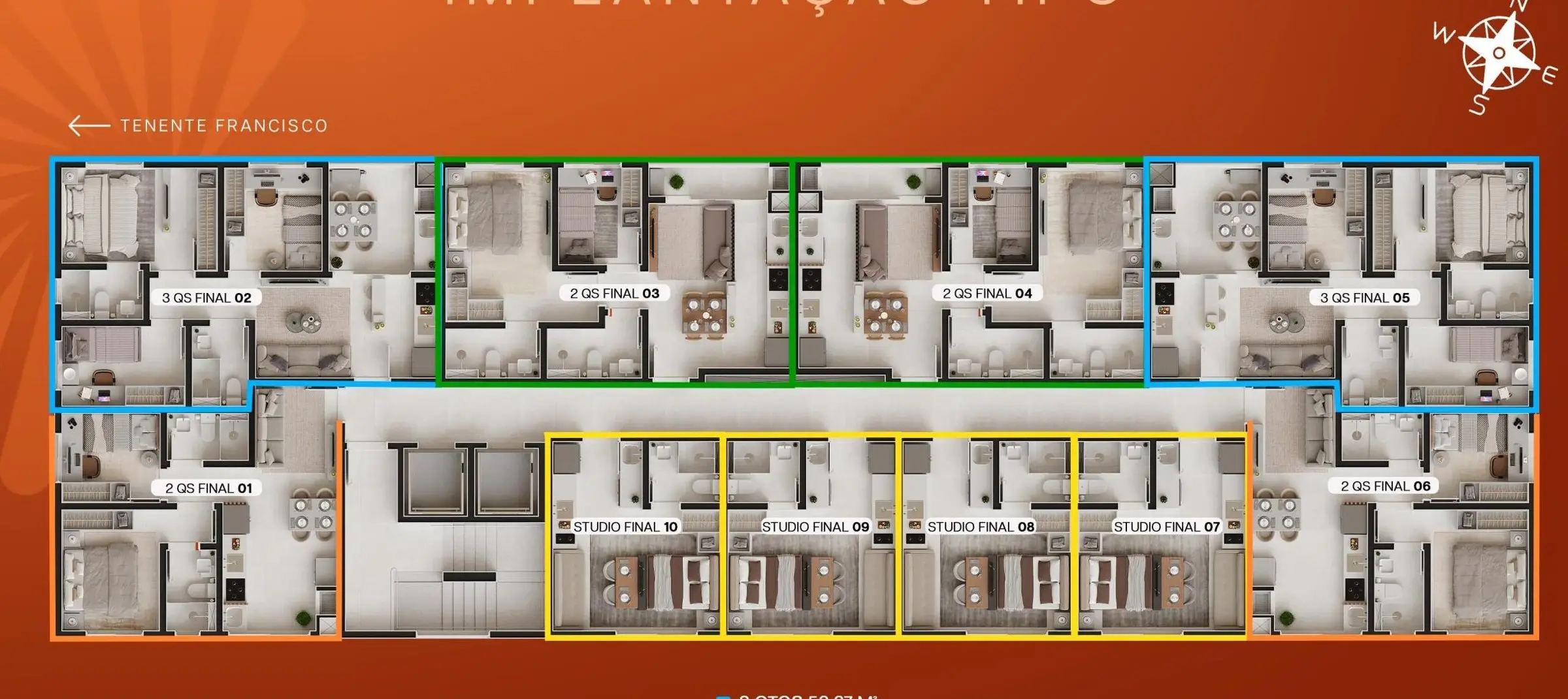 Planta do andar tipo do Fortune, com studios, 2 e 3 quartos