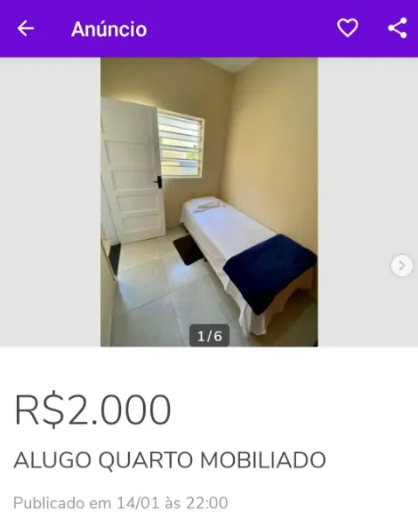 Print de anúncio real: quarto mobiliado para alugar por R$ 2.000 por mês