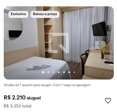 Print de anúncio real: studio de 1 quarto para alugar por R$ 3.353 por mês